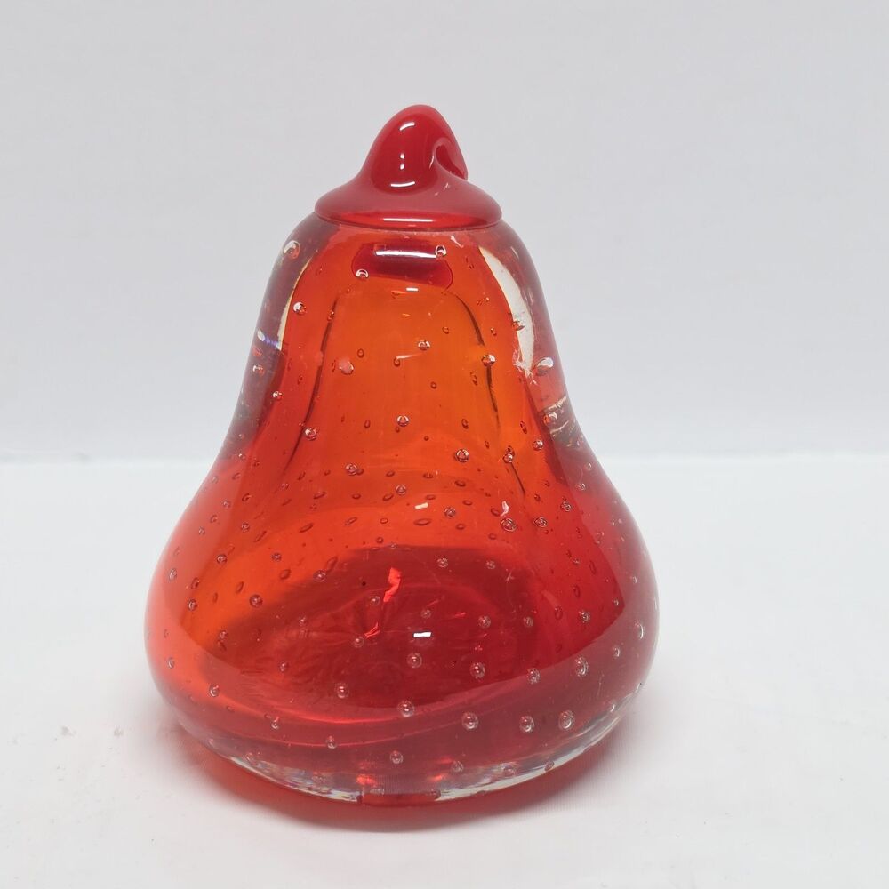 VTG Kreiss Glass Art Orange Red Pear Paperweight Bullicante Controlled Bubbles